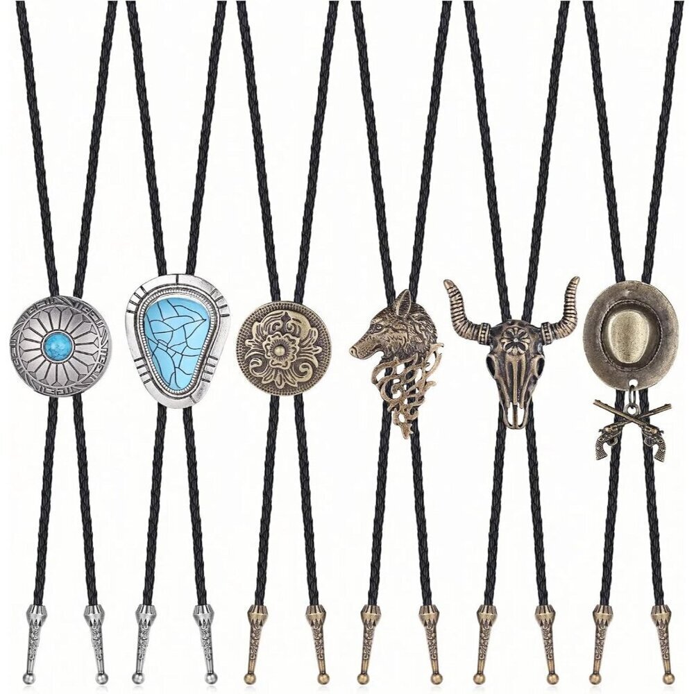 6Pcs Bolo Tie Set for Men, Western Cowboy, Turquoise & Tiger Eye Stone Neck Tie